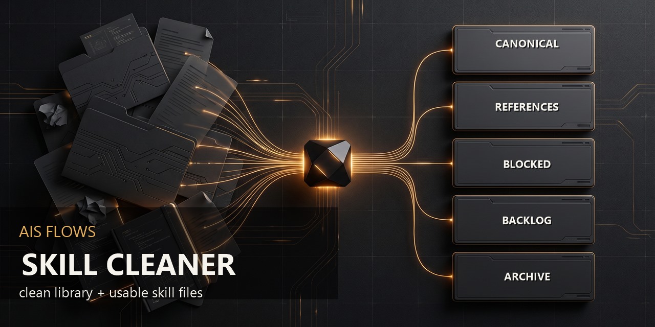 AIS FLOWS Skill Cleaner visual showing messy files routed into a clean library.